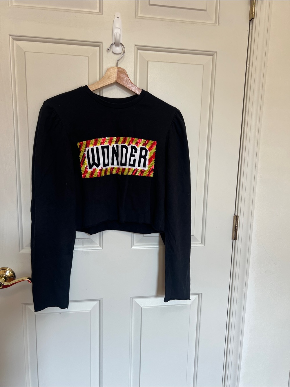 Zara Black Cropped Sweater with Red and Yellow Embellished 'WONDER' Patch